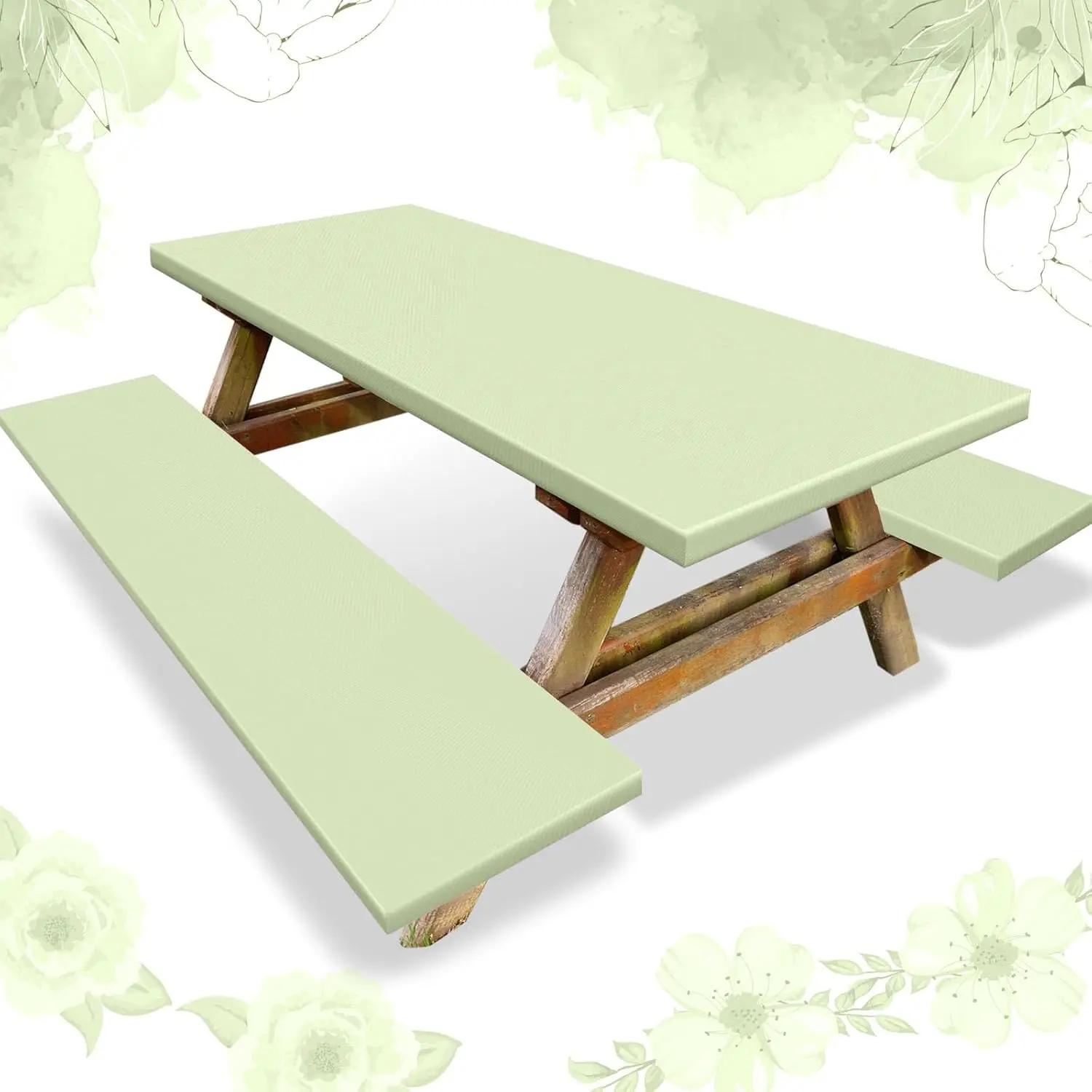3 count Picnic Table and Bench Fitted Tablecloth Cover for 6 Ft Table 30 x 72 Inch Vinyl Fitted Elastic Edges  Wipeable Tablecloth for Indoor Outdoor Picnics Patio Camping (Sage Green)