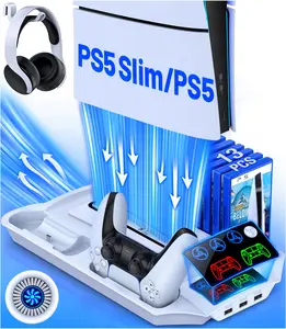 BEBONCOOL PS5 /PS5 Slim Stand with 3 Levels Cooling Station and Controller Charging Station , PS5 Accessories-Cooling Fan, Headset Holder, 13 Game Slot for Playsation 5 Slim Console Disc/Digital