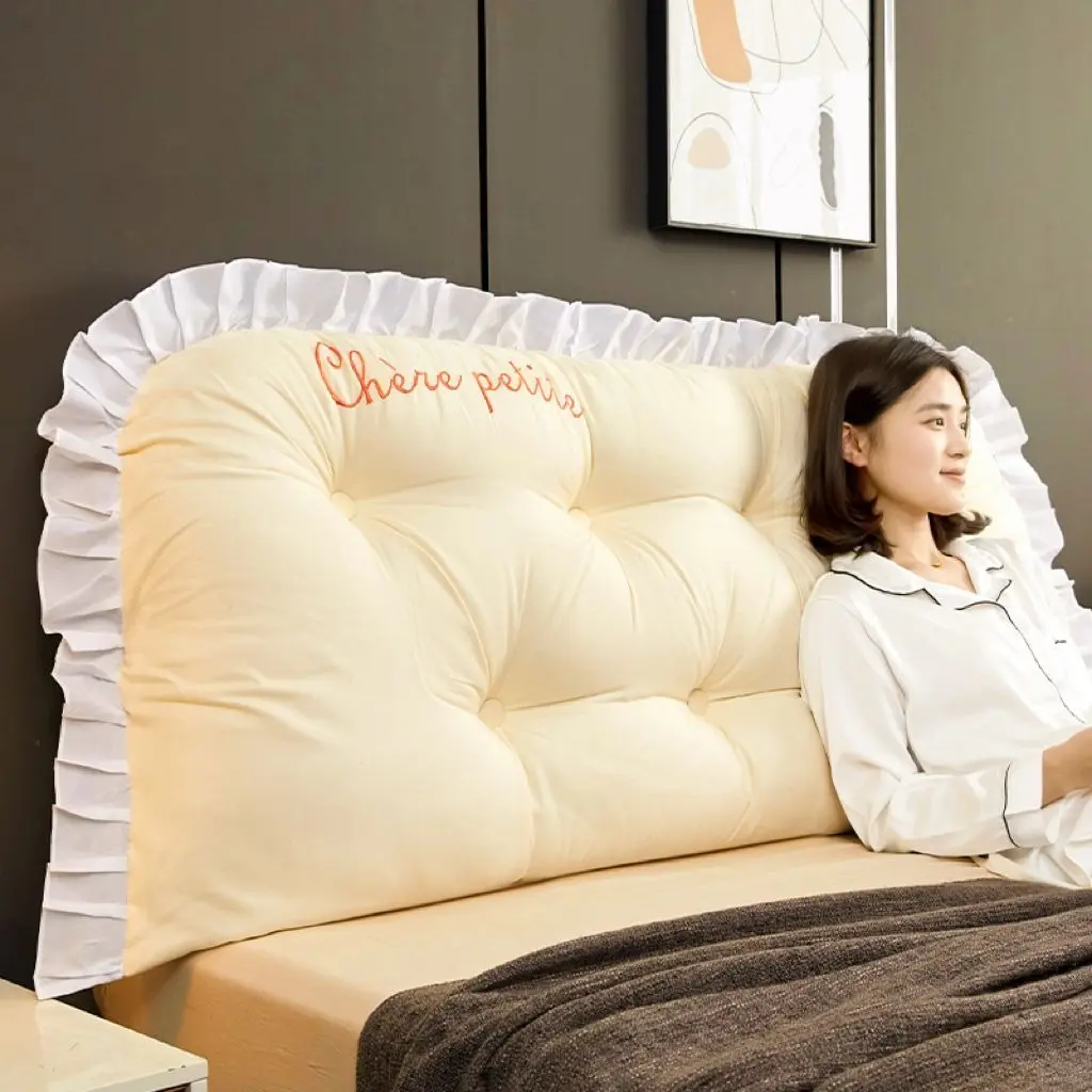 Thick Princess Style Vintage Bed Headrest Cushion, Modern Pleated Pillow, Hand Washable Padded Backrest, Polyester Fabric, Lace Decoration, Zipper Closure