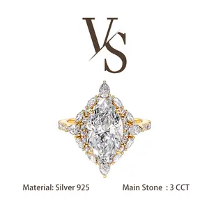 [Venus Jewelry] Synthetic Moissanite 3 CCT Marquise Cut Luxury GemHalo Setting VVS 1 D Color Solid Silver 925 Solitare Ring