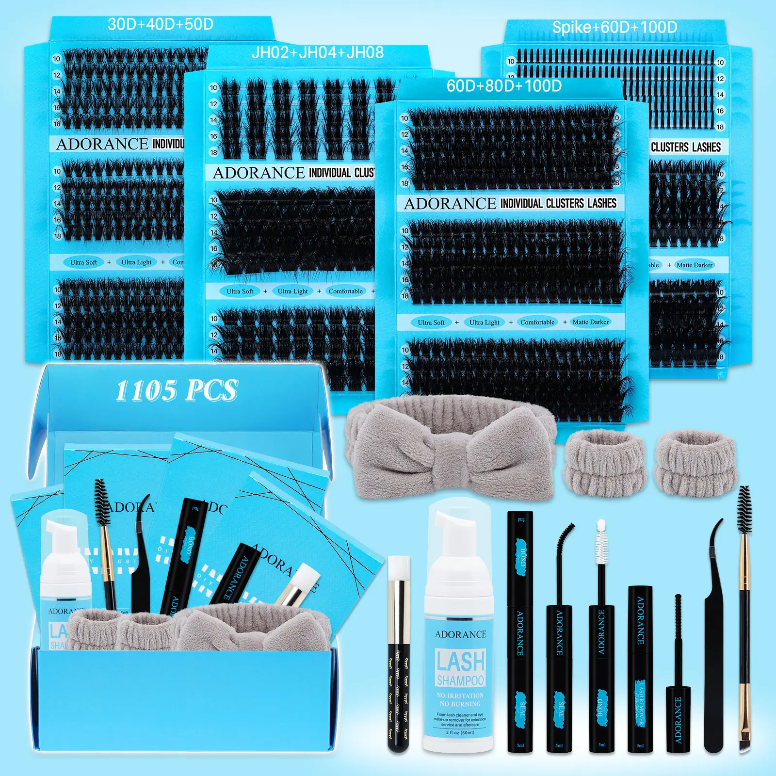 1105 pcs Lash Clusters Kit, DIY Cluster Lash, DIY Lash Tools, D Curl 12 Styles with Bond&Seal Eyelash Glue Eyelash Extension Tweezers Lash Remover Lash Brush Lash Applicator Headband Wristband Lash Shampoo, Perfect for Beginners &Pros, Easy Apply
