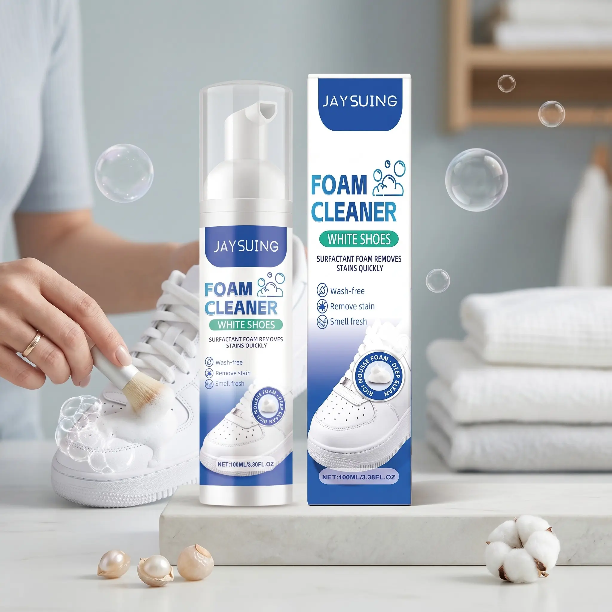 Jaysuing Foam Cleaner for Shoes, Powerful Stain Remover, Gentle on Shoes, Quick Cleaning, Portable, Shoe Surface Cleanser