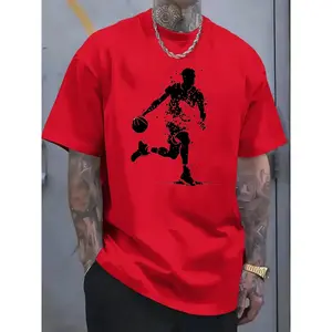 Men's Red Basketball Graphic T-Shirt - Athletic Sportswear with Player Silhouette Design
