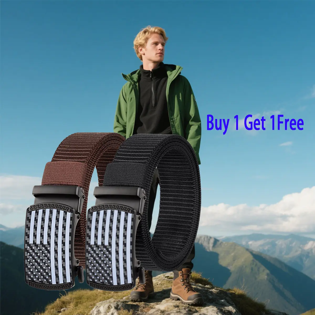 Buy 1 Get 1 Free Classic Ratchet Waist Belt Men's Nylon Belt with American Flag Buckle Automatic Adjustment for Quick Fit & Comfortable Wear Ideal Reversible Design - Blonde