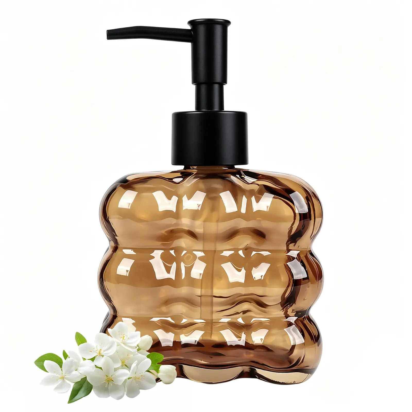 11Oz/320ml Square Shape Amber Glass Body Pump Bottle with Rustproof Black Plastic Pump, Refillable for Kitchen/Bath Lotion, Dish & Hand Wash
