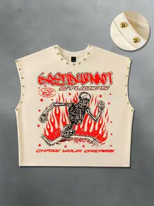 Y2K American Casual Streetwear Retro Flame Skull Print Vest, Punk Rock Party Rivet Loose Fit Top, Fitted Street Style Without Button or Zipper