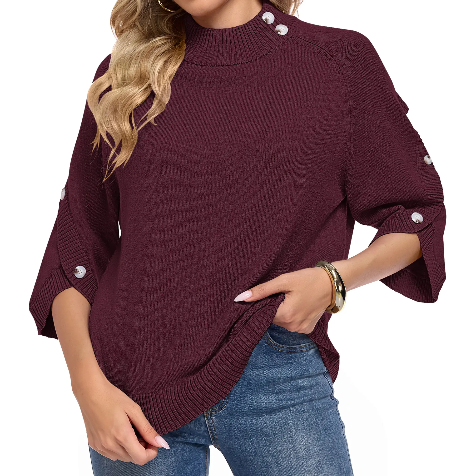 MOLERANI Women's Mock Neck Knit Sweaters Batwing 3/4 Raglan Sleeve Pullover Tops Loose Fit Casual Poncho Style Knitwear with Side Button 2026 Womenswear Fall Winter Outfits Layer