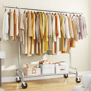 Raybee Clothes Rack for Hanging Clothing with Lockable Wheels , 75" Extendable & Height Adjustable Coat Rack, Heavy Duty Clothes Racks Holds Up to 440LBS, Portable Rolling Garment Rack with 4 Hooks for  Bedroom, Laundry Room, Commercial, Chrome
