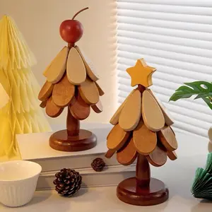 Wooden Tree Coaster Solid Wood Home Desktop Decoration Dishes Insulation Pad Water Cup Drink Placemat Christmas Gift with Star Top for Festive Table Setting
