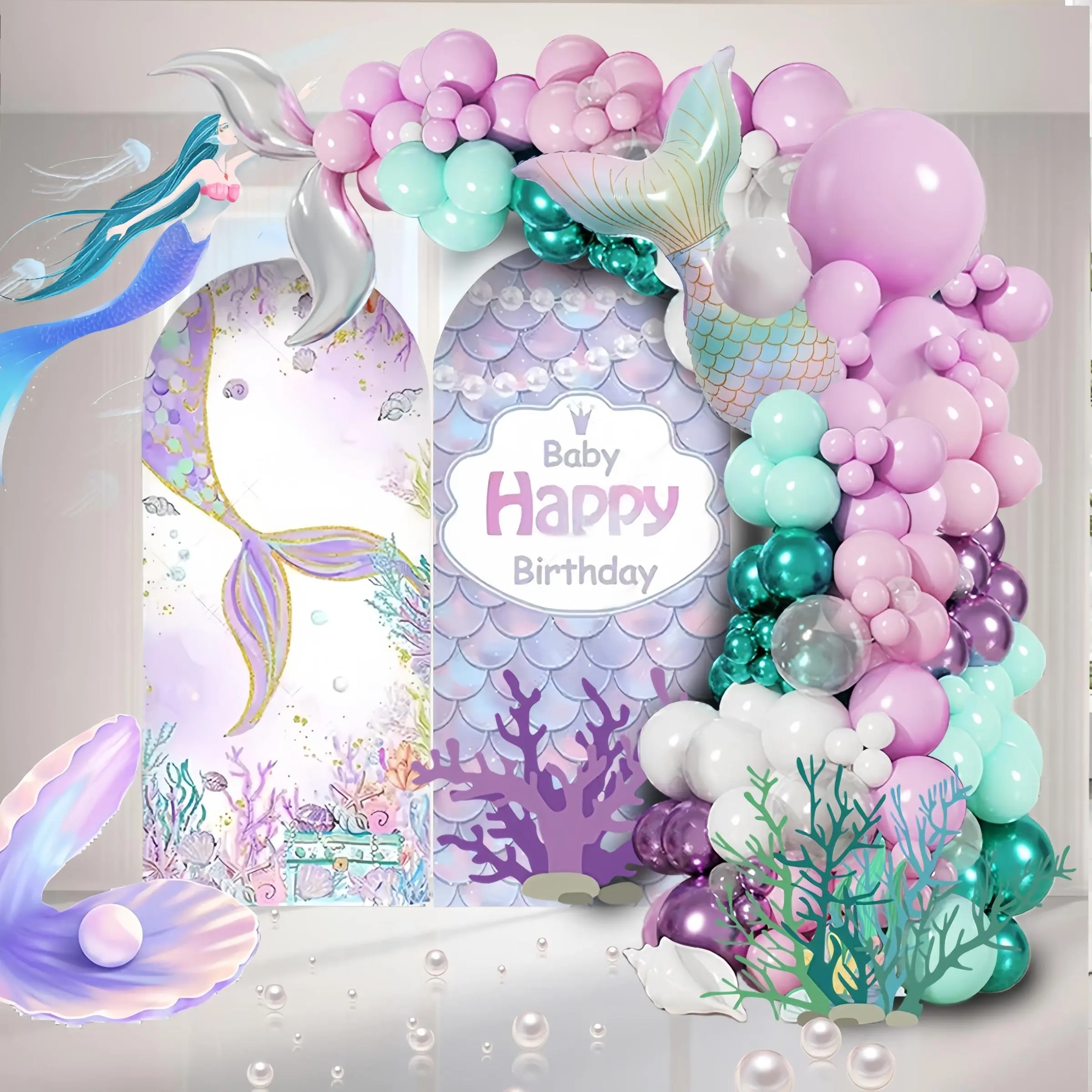 Mermaid Themed Balloon Arch Kit, 121pcs/set Mixed Color Balloon Set, Latex Balloon Garland for Birthday Party Baby Shower Balloon Decorations