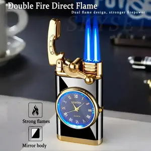 Windproof Dual Flame Lighter with Vintage Analog Clock Face, Black Ice Retro Design, Adjustable Blue Flame Butane Lighter (Butane Not Included), Refillable Windproof Torch Lighter for Camping Hiking Gifts for Men