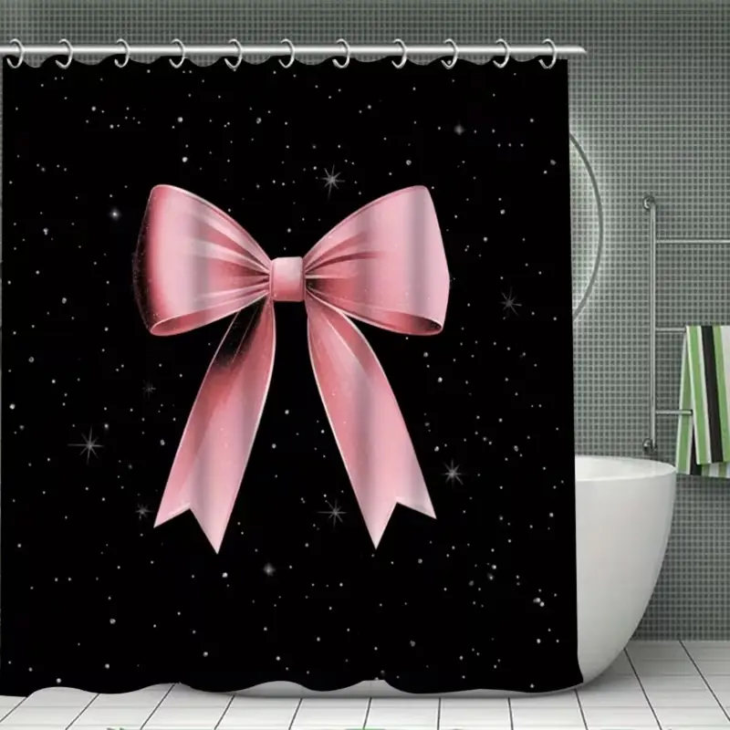 1/4-piece set: Black and pink bow pattern design bathroom shower curtain and mat set, includes 12 hooks, non-slip bathroom mat, non-slip toilet U-shaped mat, toilet seat cover, bathroom partition, modern home decor, Aesthetic bathroom decor