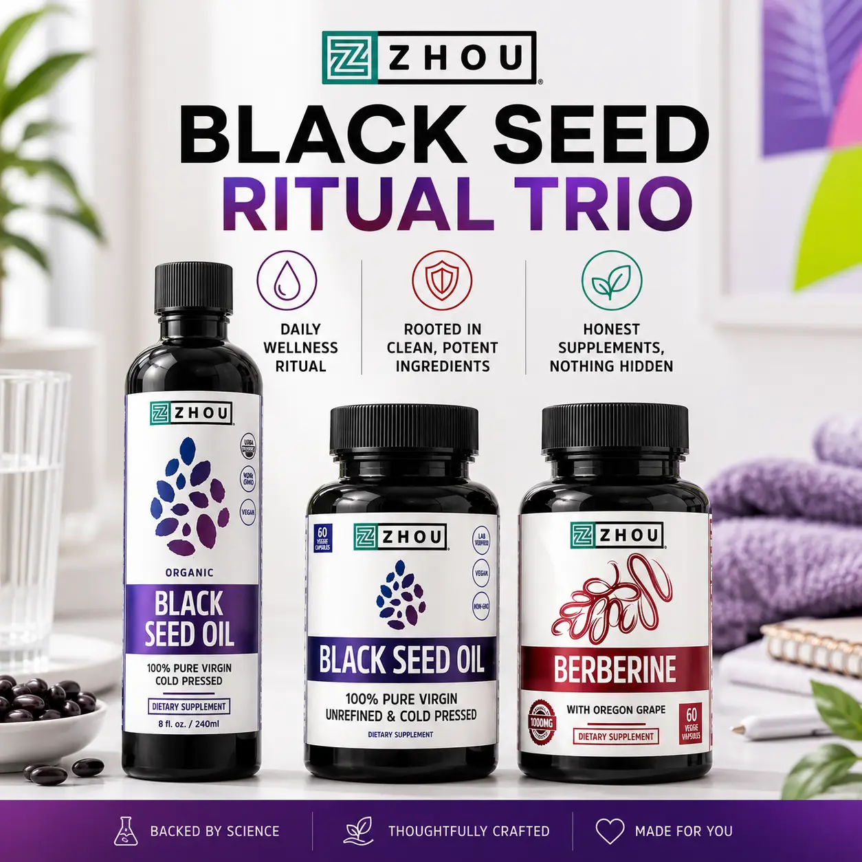 Zhou Black Seed Ritual Trio — Black Seed Oil Liquid + Black Seed Oil Capsules + Berberine with Oregon Grape — Daily Wellness Routine