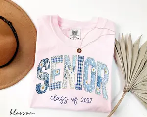 Comfort Colors Senior Class Of 2027 Shirt, Floral Faux Patchwork Senior Tee, High School Graduation Gift, Senior Night Mom Gift,Senior Mama