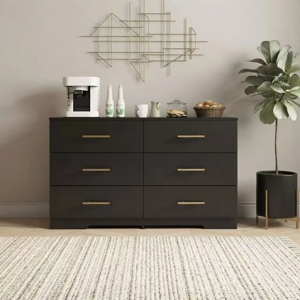 6-Drawer Dresser Chest with Gold Handles, Large Storage Black Cabinet for Bedroom, Modern Farmhouse Style Organizer Unit