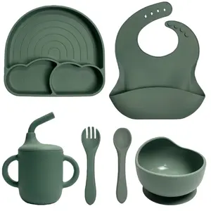 6pcs Silicone Baby Feeding Set Rainbow Suction Plate Spoon Fork Bowl Water Cup Bib Durable Easy Clean Weaning Supplies for Infants, Toddlers, and Youngsters Baby Feeding Accessories Toddler Mealtime Essentials Playful Design Easyclean Material