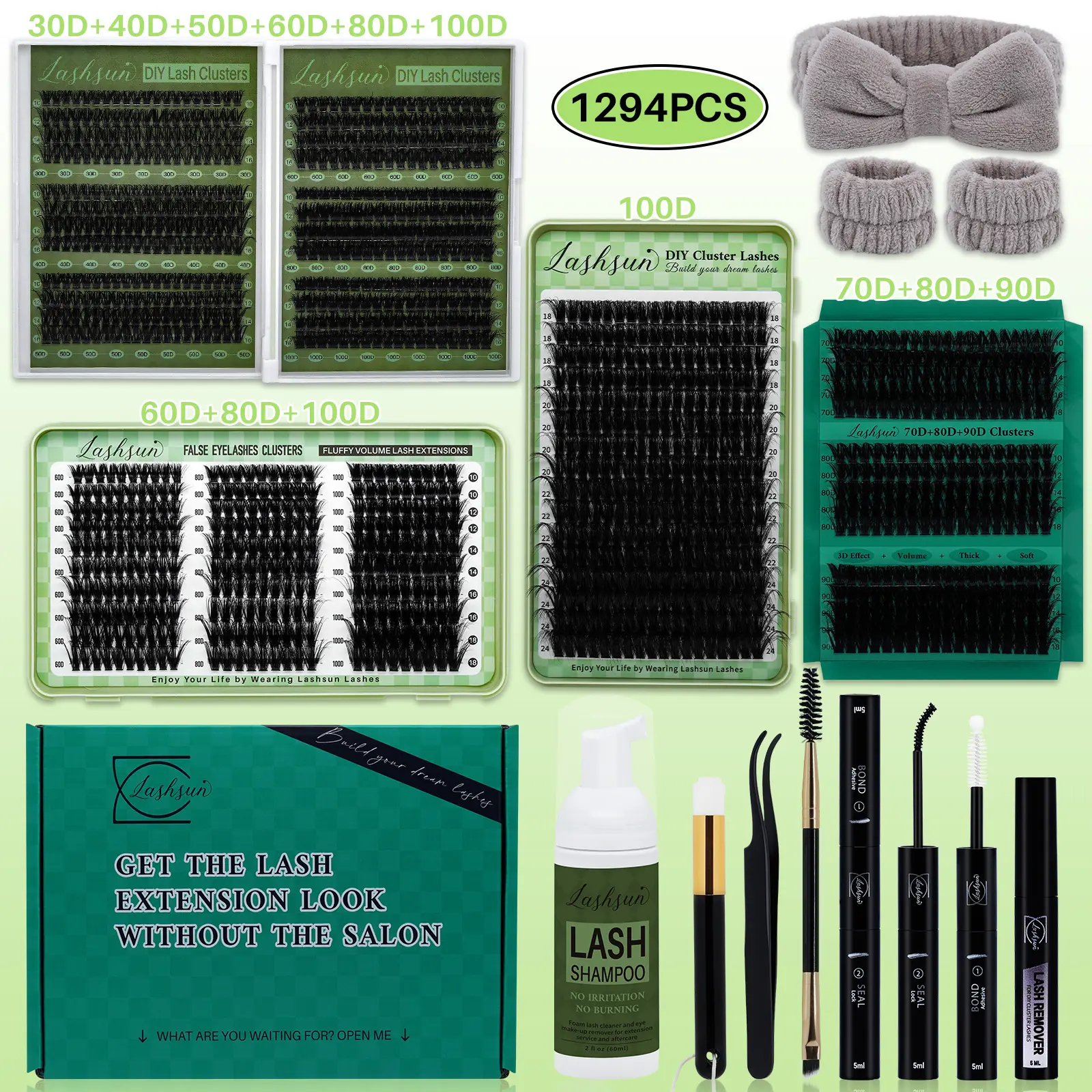 Lashsun 1294pcs Big Kit, DIY Lash Clusters Eyelashes Set Extensions, D Curl High Capacity, Mixed Length 8 Styles, Volume & 3D Effect, Cluster Lashes Kit with Accessories