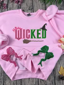 Wicked Glitter Side Bow Embroidered Sweatshirt, Elphaba Glinda Defy Gravity, Wizard of Oz Movie Fan Shirt, Wicked Changed For Good