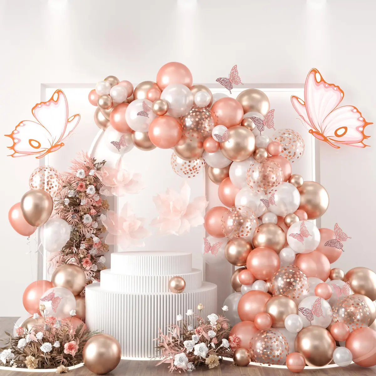 111pcs Elegant Decorative Rose Gold Butterfly Balloon & Ribbon Set - Festive Party Decor for Weddings, Engagement Party Decor, Butterflies-Themed Events