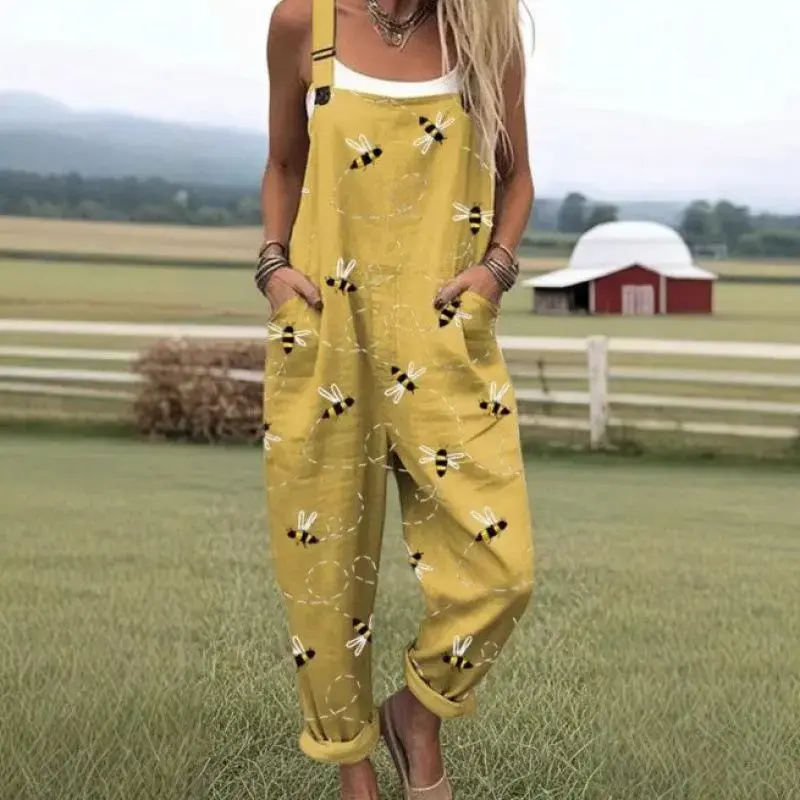 Women's Patchwork Dual Pocket Jumpsuit Loose Floral Print Bohemian Wide Leg Bib Overall