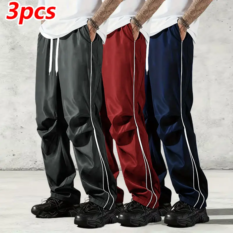 Men's Fashion Casual Pants Set - 3 Pack, Trendy Street Style Joggers with Side Stripe Drawstring Waistband, Lightweight Comfortable Straight-Leg Pants for Spring & Outdoor Activities