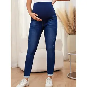 Comfy & Stretchy Maternity Skinny Jeans - Mid-Elastic Waist, Soft Denim with Stretch, Elegant Casual Style for Pregnant Women, All-Season Wear, Dark Blue with White Stitching, High-Waisted Design, Maternity Clothes