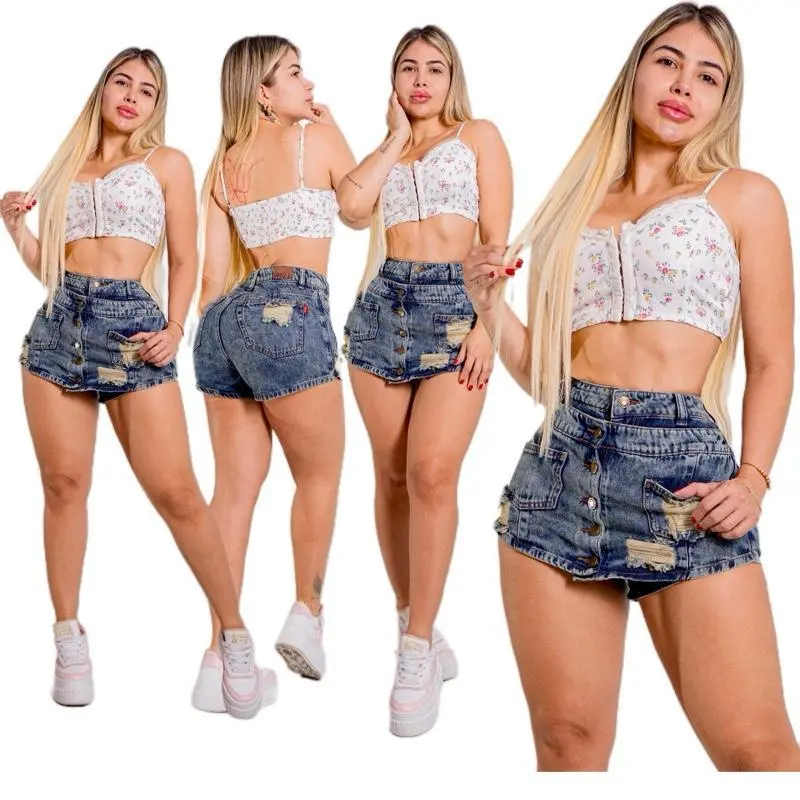 K4564 High-Waisted Rigid Denim Skort with Button Front and Ripped Ripped Details