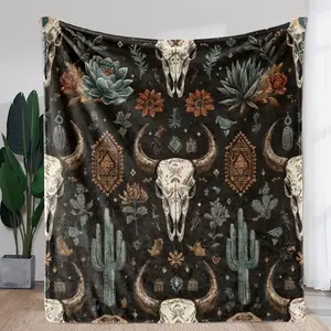 Sdoo Southwestern Cowhide-Print Flannel Blanket | Soft Warm Southwest Indian Tribal Design with Cacti, Turquoise & Brown Cow Skulls - All-Season Bedspread for Bed, Couch, Camping, Travel - Luxury Western Style Bedding Gift, Throw Blanket  Lightweight,