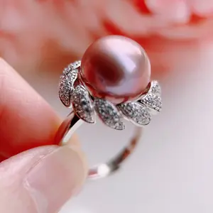 Piswency Rare Metallic Purple Freshwater Pearl Ring, Large High Luster Round Pearl, CZ Flower Setting 925 Sterling Silver Adjustable Ring Gift for Her