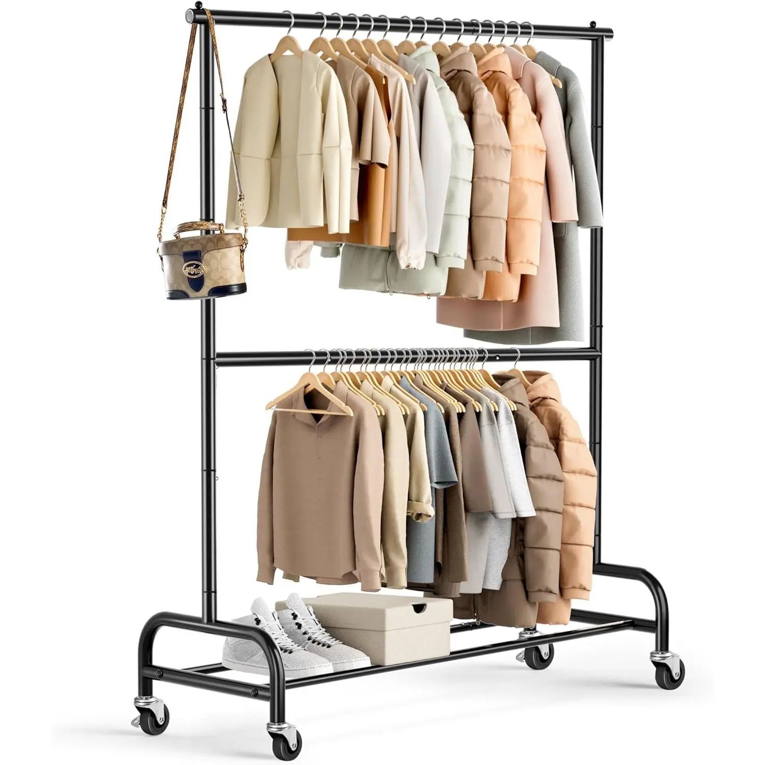 Heavy Duty Hanger for Hanging Clothes Double Rod Hanger Rolling Wardrobe Closet Rack with Wheels Metal Material Adjustable Black