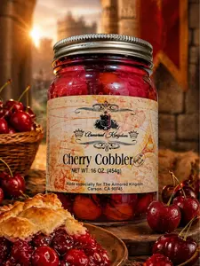 The Armored Kingdom Premium Cherry Cobbler-Pie in a Jar 16 OZ Fresh Juicy Cherries Handmade Crust Ready to Eat Royal Dessert with Free Gifts & Royal Gifts Included