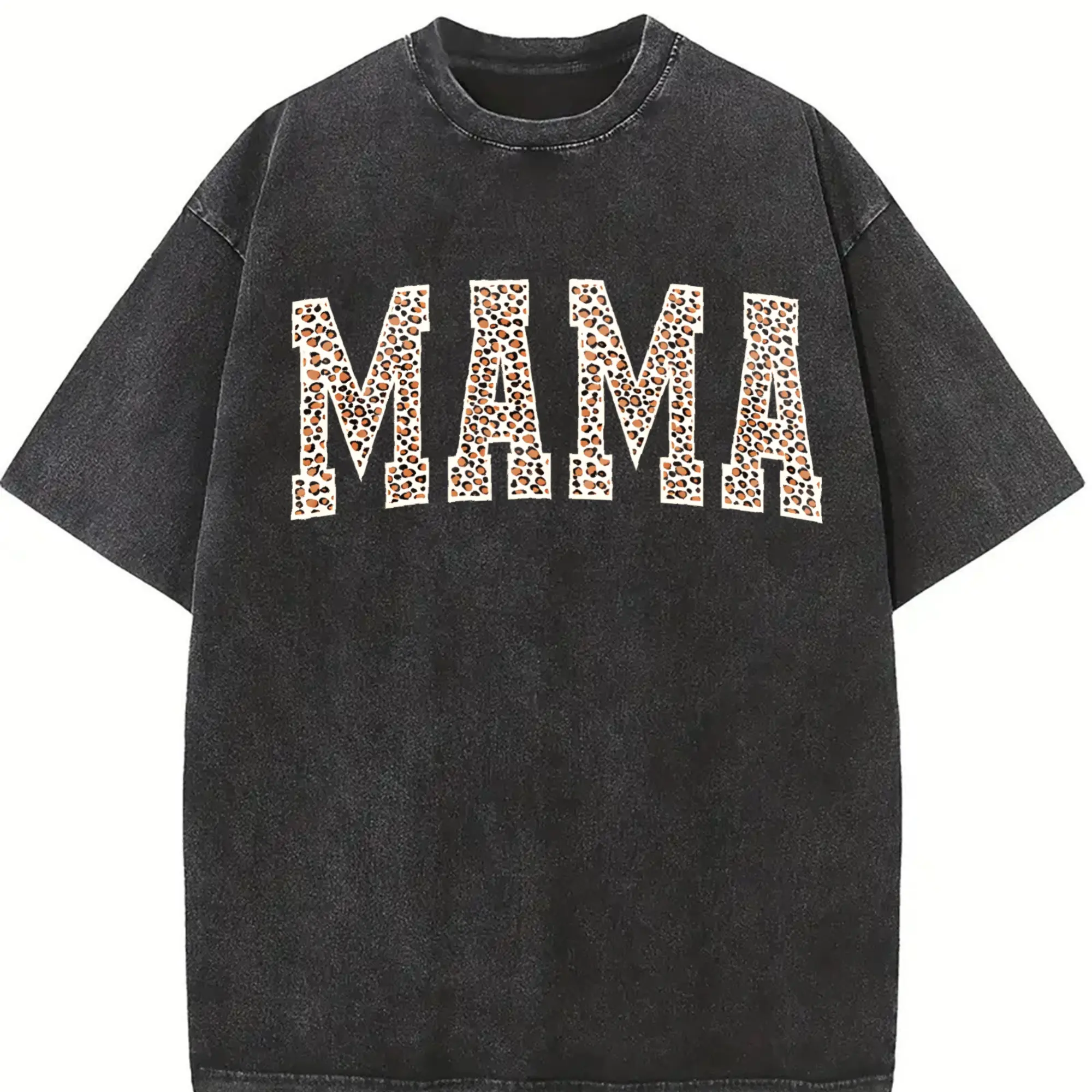 Men's 230g Heavyweight Washable Batik Streetwear T-Shirt - Retro Leopard Print MAMA Graphic Lettering, Unisex Short-Sleeve Round Neck Menswear Top, All-Season Comfort, Perfect Gift for Moms/Pet Lovers (Holiday Ideal), Tshirt, Shortsleeve, Cotton Fabric, C