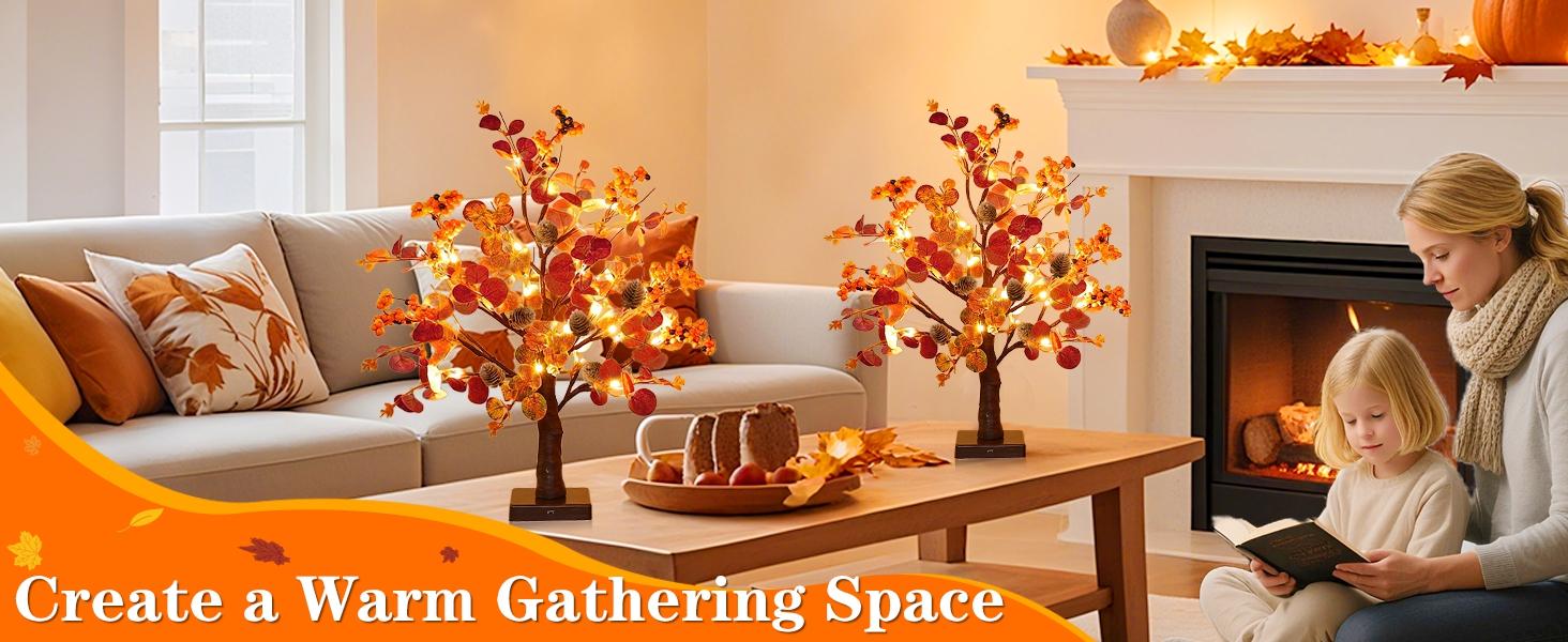 [ Prelit & Timer ] TURNMEON 2 Pack Fall Decor Tabletop Fall Trees 48 LED Battery Operated Maple Tree 288 Eucalyptus Leafed 12 Acorns Berry Fall Decorations for Home Thanksgiving Table Decor 18 Inch