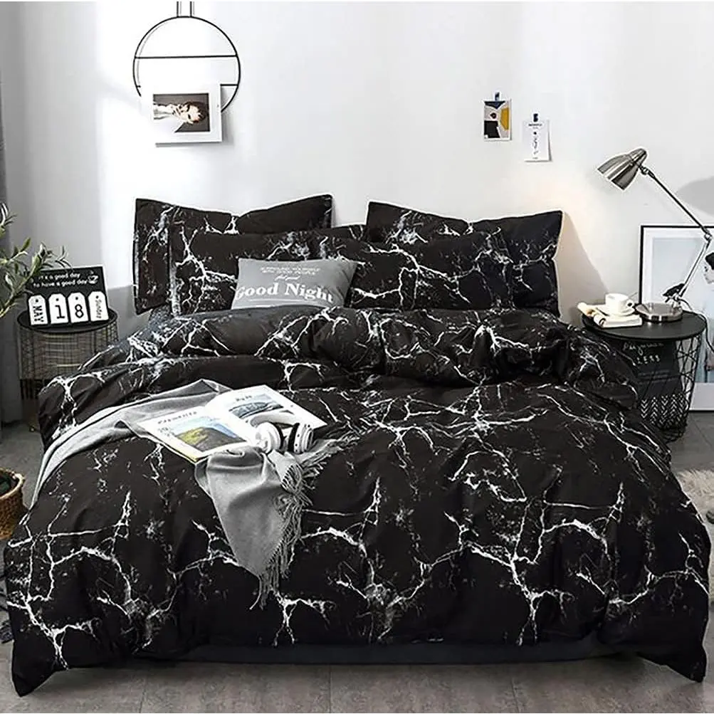 3-Piece Abstract Black Marble Moroccan Look Comforter Queen Size Set - Full/Queen, Retro Chic Gothic Design Quilt Bedding Set, Breathable Lightweight, White Texture, for Teens (1 Comforter, 2 Pillowcases)
