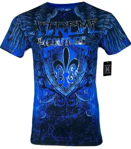 Affliction Xtreme Couture Men's Smithsonian T-Shirt SMITHSONIAN Blue Crew Neck 100% Cotton Printed Front & Back Design in USA
