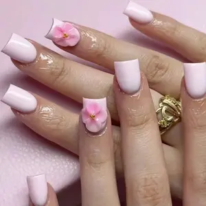 10pcs Y2K Style Pink Flower Gold Bead Press On Nails, Handmade Nails, Pure Manual Light Pink Square Nails, Three-Dimensional Pink Flower, Gold Bead Embellished False Nails, Necessary In Autumn And Winter, Suitable For Daily Use