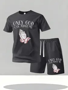 Men’s summer regular-fit cotton short-sleeve T-shirt and cotton shorts set featuring letter patterns and a praying hands graphic. Fashionable casual menswear two-piece set with pockets—sports shorts with an elastic waistband and drawstring