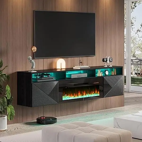 VanAcc Floating TV Stand with 36" Electric Fireplace, 70 inch Wall Mounted Electric Fireplace Entertainment Center with Storage Space, TV Stand for Living Room for TVs Up to 80"