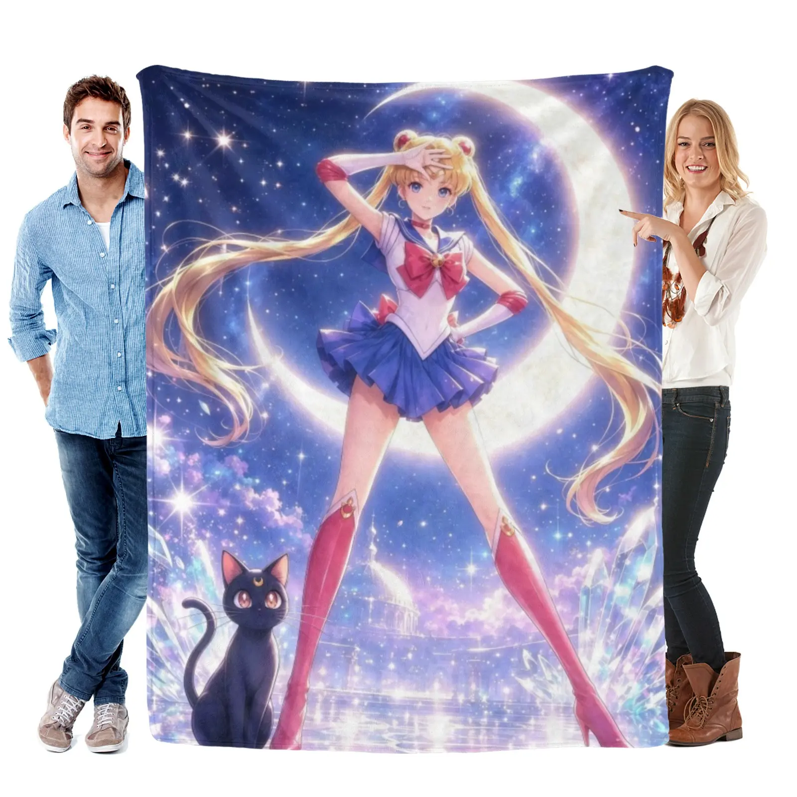 Sailor Moon Blanket, Hd Galaxy Usagi With Black Cat Luna Art Throw, Dreamy Star Print, Trendy Cutecore Blanket For Anime Fans