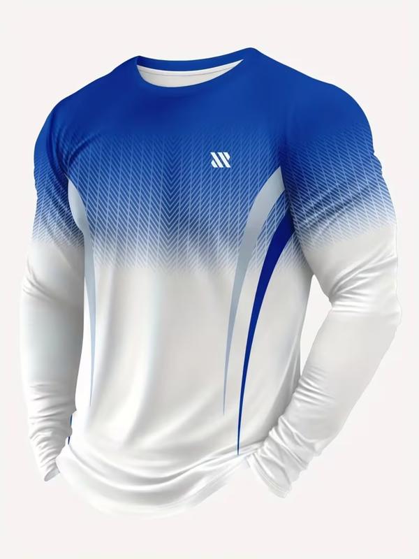 Men's Long Sleeve Gym Training Shirt, Gradient Color, Breathable Fabric, Casual Fitted Design