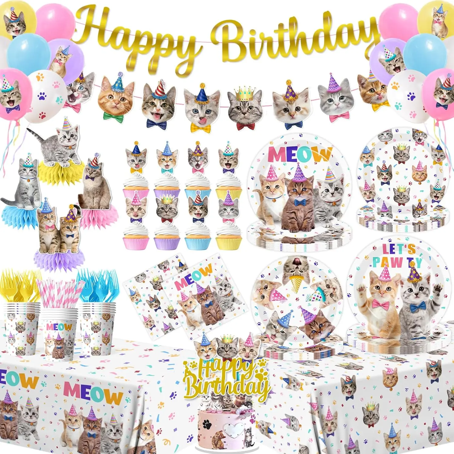 Cat Birthday Decorations,190pcs Cat Party Decorations cat Birthday Plates and Napkins Cups Tablecloth Cake Topper Hanging Swirls Centerpiece Balloon for Ca