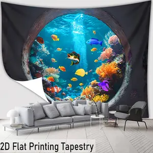 2D Flat, 1pc - Extra Large Size - Round Simulation Underwater World HD Digital Printing Giant Tapestry - Polyester Fiber - Home Decoration - No Installation Required, 2D Flat