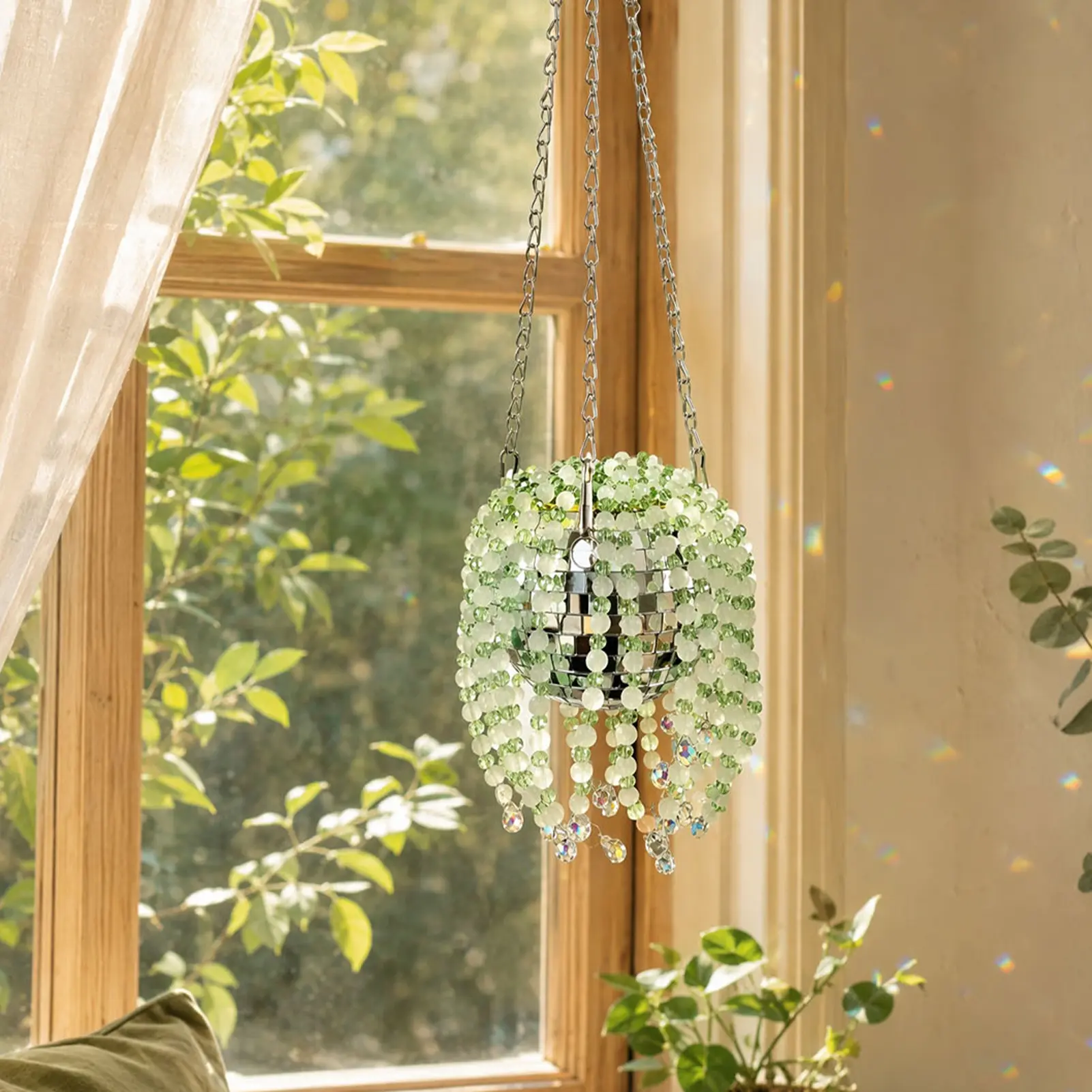 Crystal Sun Catcher, Green Bead Disco Ball Crystal Suncatcher, Rainbow Maker Indoor Outdoor Decor for Window Bedroom, Bless Gift