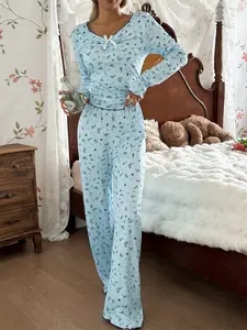 Women's Ditsy Floral Print Pajama Set, Bow Tie Neck Design, Long Sleeve and Pants, Comfortable Fitted Elegant Sleepwear Home Clothes