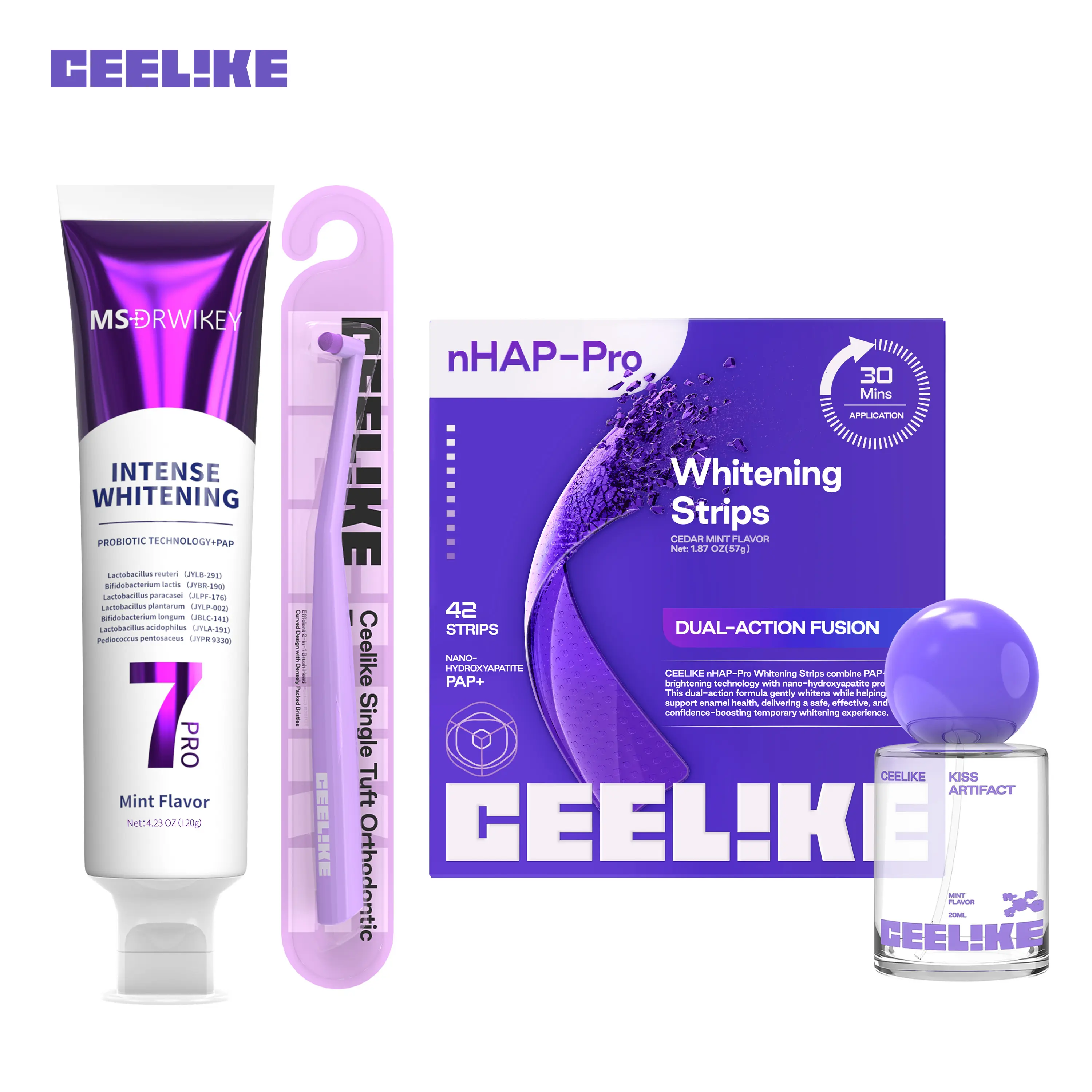 CEELIKE 4-Piece Set -Purple Whitening Strips 42 Strips (21 Sessions) + Toothpaste + Oral Spray + Toothbrush | Nano-Hydroxyapatite Gentle Brightening , Complete Oral Care Bundle