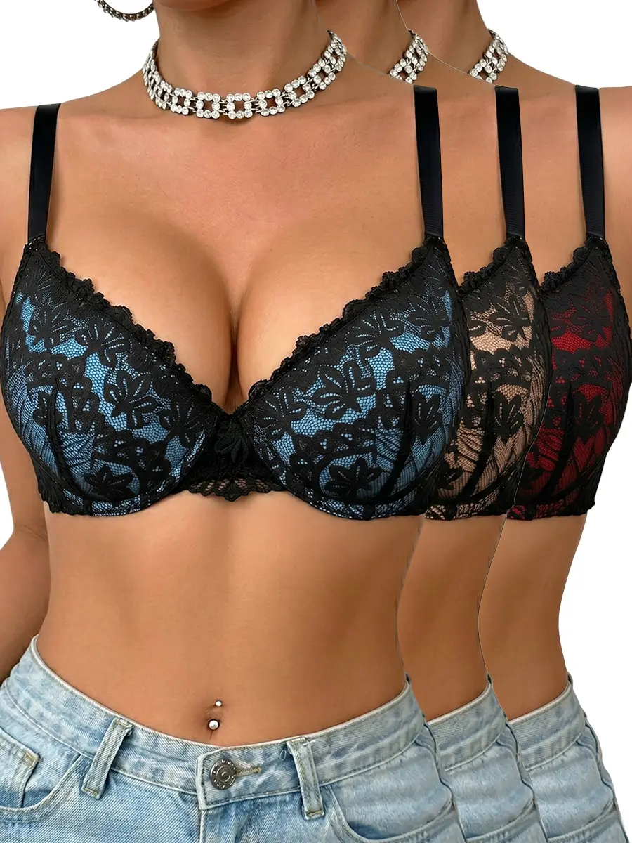 Women's 3-Pack High Support Push-Up Bras - Lift Shape Bras for Women, Sexy Elegant Lace, Comfortable Fit, Non-Removable Padded Cups, Underwire, Breathable Trim, Colorblock V-Neck, Everyday Wear Underwear