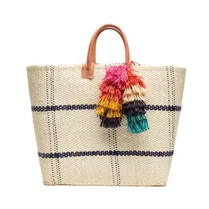 Mar Y Sol Belo Sisal Market Tote Straw Beach Bag w Tassels, Natural Navy