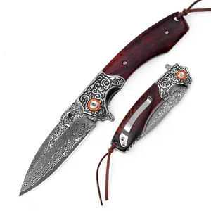 KLAKEN J358-Ardent, Damascus Steel Blade With Wooden Handle, EDC Collection Folding Knife