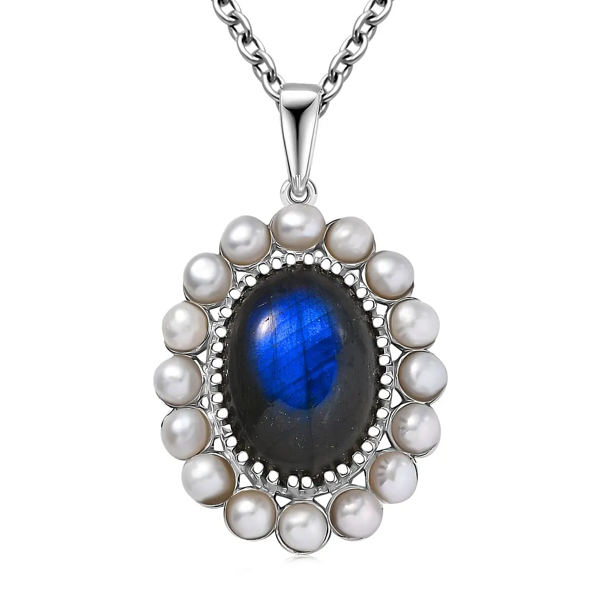 EverTrue AAA Malagasy Labradorite, Freshwater Pearl Eclipse Pendant in Platinum Bond with Stainless Steel Necklace 6.10 ctw (20 Inches)