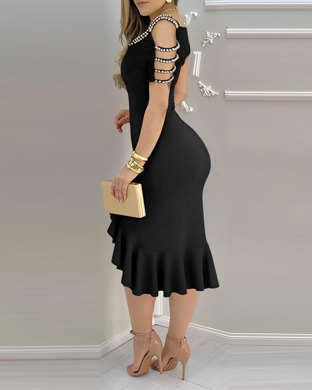 ChicMe Women’s Cold Shoulder Valentine's Day Beaded Bodycon Dress Ruffle Hem Wedding Guest Slim Fit Party Wedding Dress